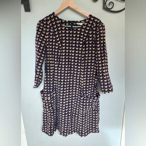 Boden Navy Dress with Birds Motif — Long-Sleeve Corduroy Shift